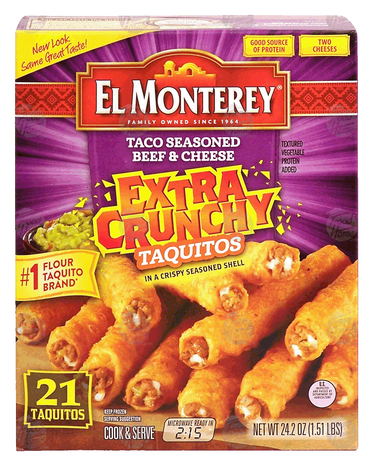 El Monterey Extra Crunchy taco seasoned beef & cheese taquitos in a crispy seasoned shell, two cheeses, 21 taquitos Full-Size Picture